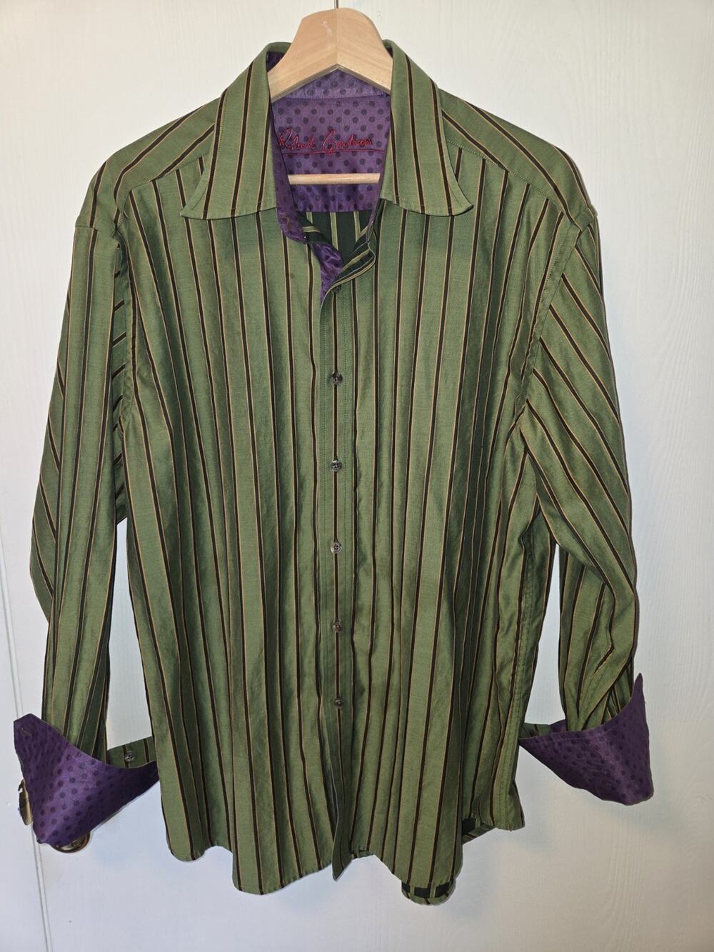 Robert Graham Men's XL Dress Shirt Button Up Green Purple Trim Pinstripe